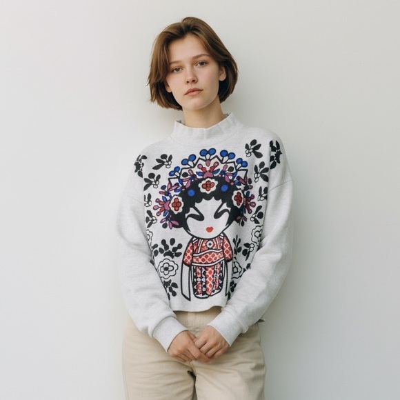 Opera Girl Tops - RARE Vivienne Tam "Opera Girl" Mock Neck Sweatshirt ✨Grey Heather, Med, EUC